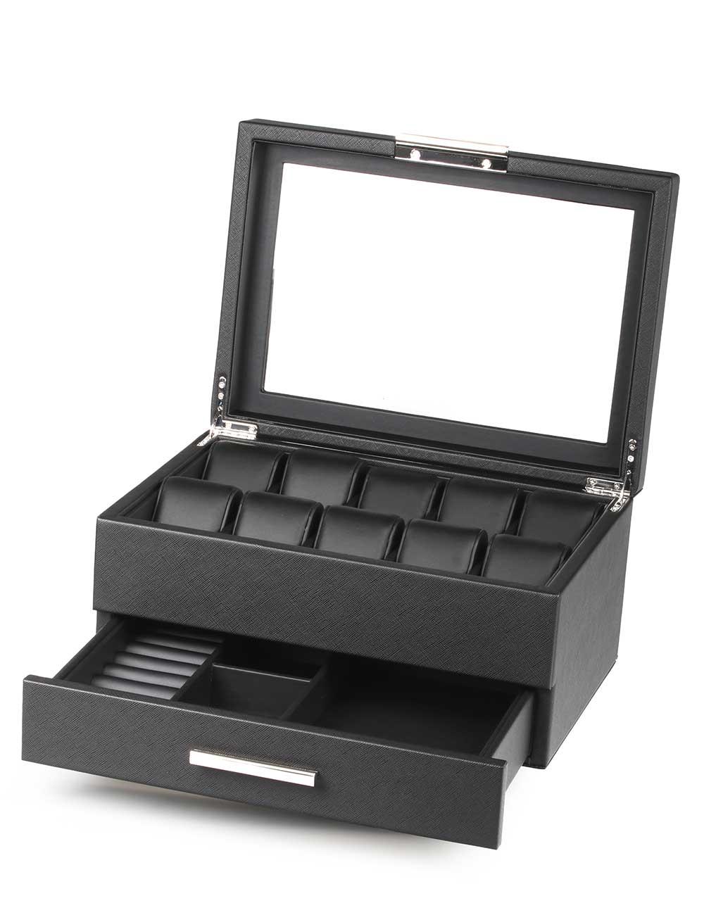 Rothenschild Watch And Accessory Box Made Off Imitation Leather Black With Drawer RS-LMWB-10WD