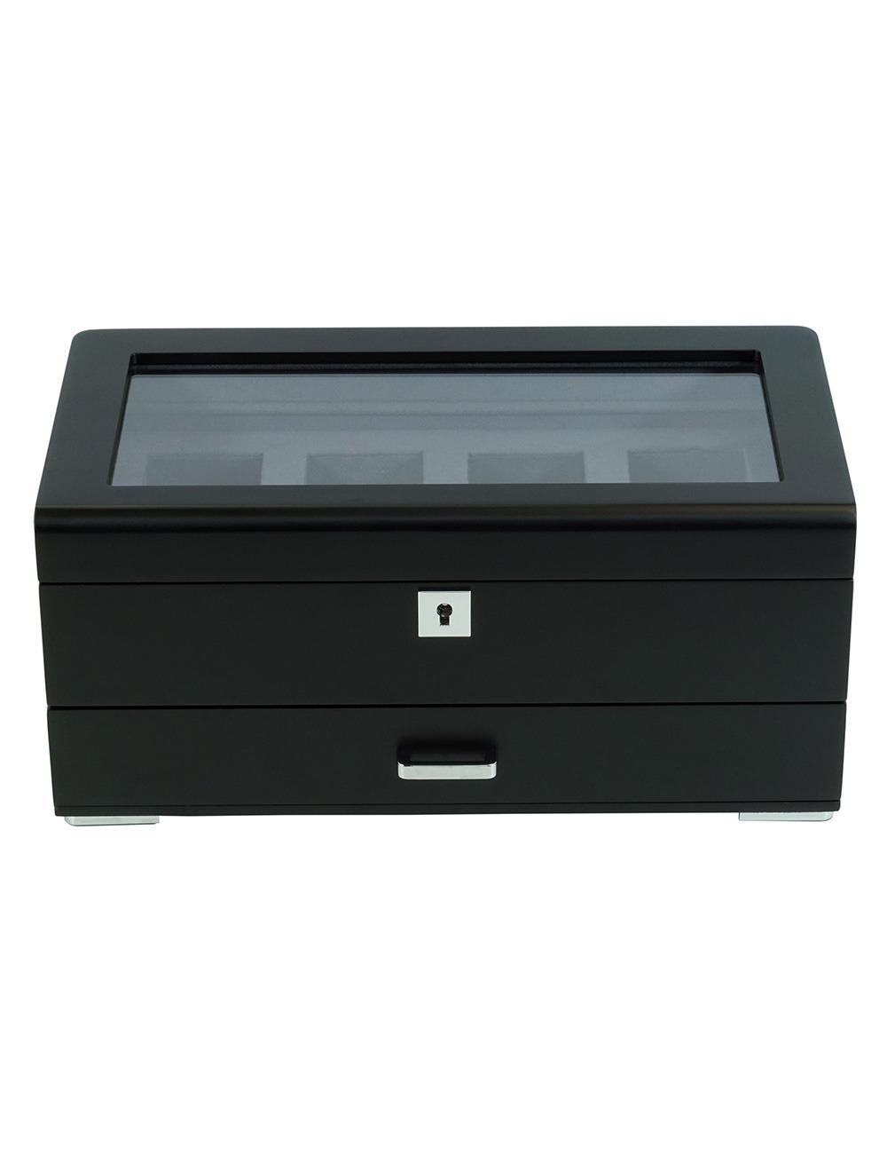 Rothenschild Watch Box blackwith grey velvet + Drawer RS-3421-4-BL-CHA