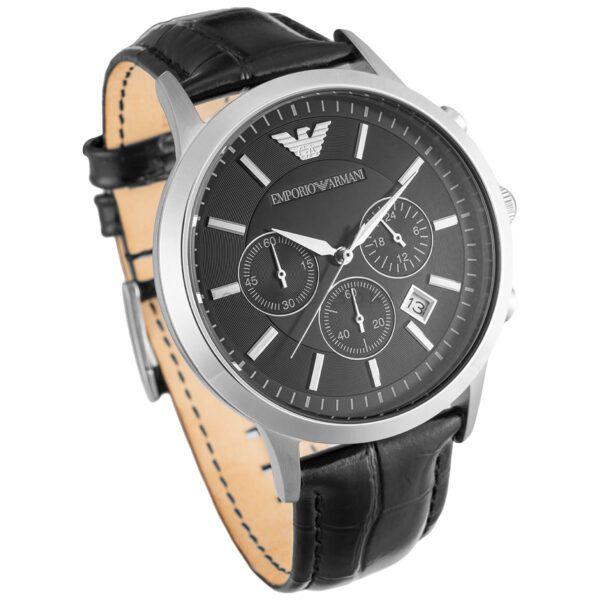 Emporio Armani AR2447 Renato srebrny z czarną tarczą na skórzanym pasku